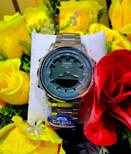 Casio General AMW-880D-2A1V Silver Green Steel Band Men Watch