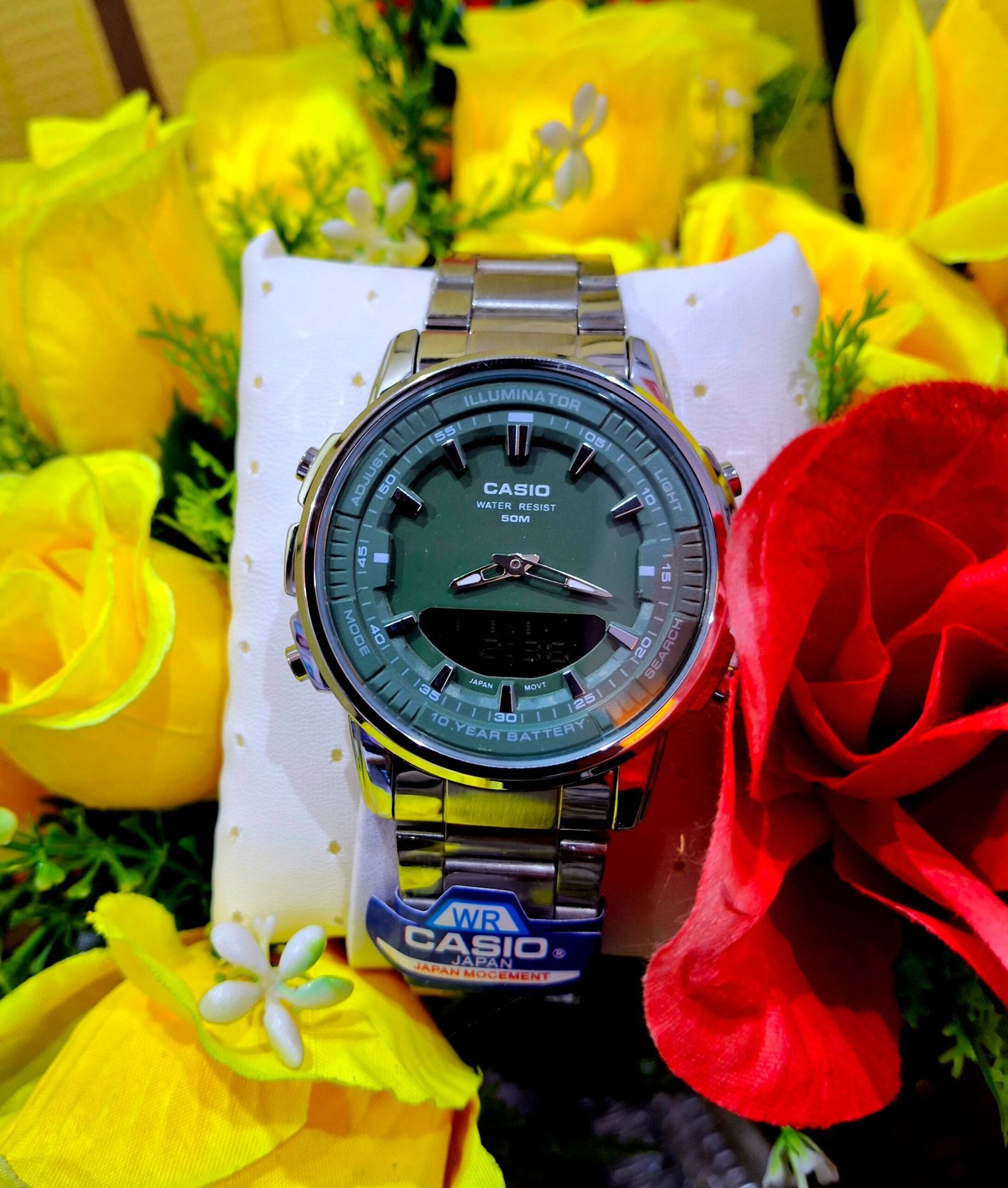 Casio General AMW-880D-2A1V Silver Green Steel Band Men Watch