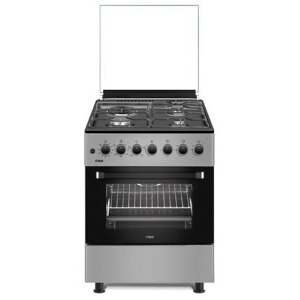 MIKA Standing Cooker 60cm x 60cm 3 Gas Pool Jet Burners + 1 RAPID Hot Plate Auto Ignition 4 Function Electric Oven Rotisserie Mirror Black Hob Silver Body MST6231E4SB