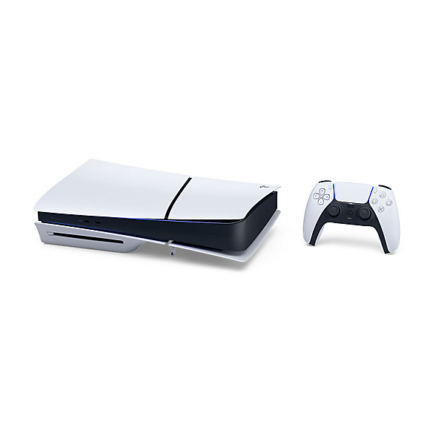 White PlayStation 5 Slim Disc console positioned horizontally beside a DualSense wireless controller