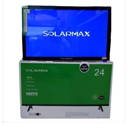 SolarMax M24 24-inch digital LED television shown with branded box; supplier reference, confirm exact model