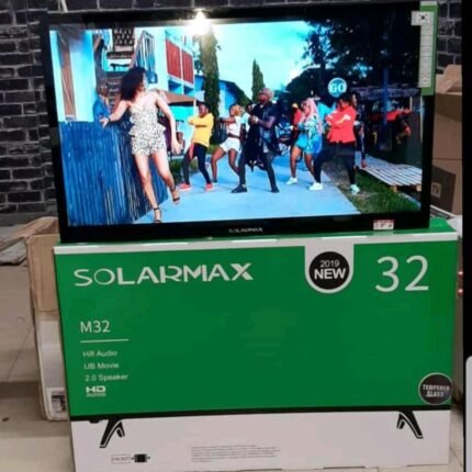 SolarMax M32 32-inch digital television and matching packaging; supplier image, model match not yet confirmed