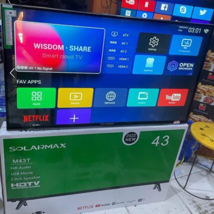 SolarMax M43T 43-inch smart TV on branded box at retailer; reference image pending exact model verification
