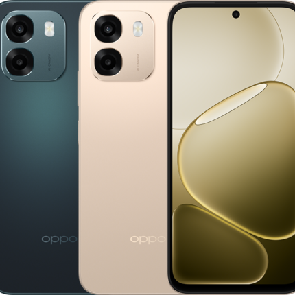 OPPO A6 smartphone in Sapphire Blue and Aurora Gold official product image
