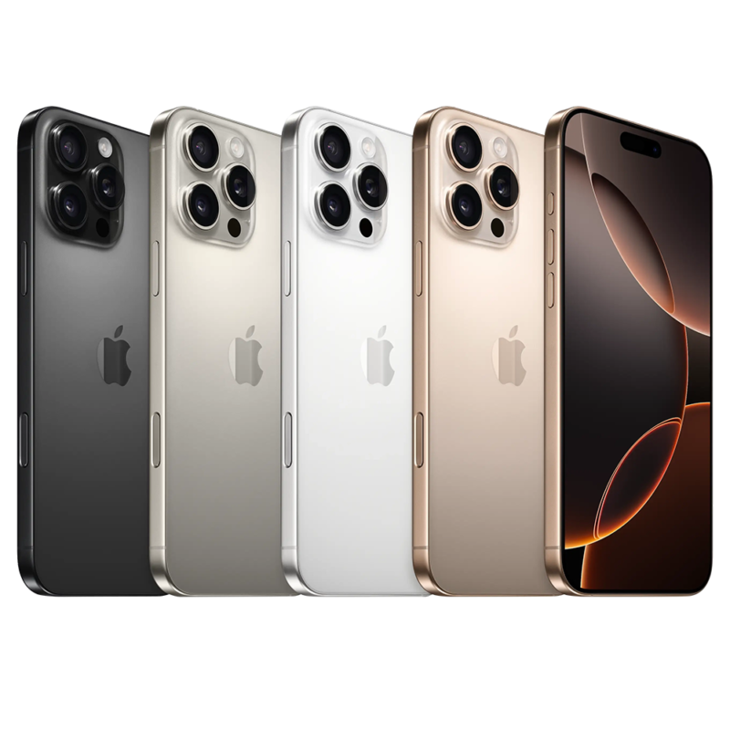 Apple iPhone 16 Pro official model reference, Black Titanium at far left alongside other finishes