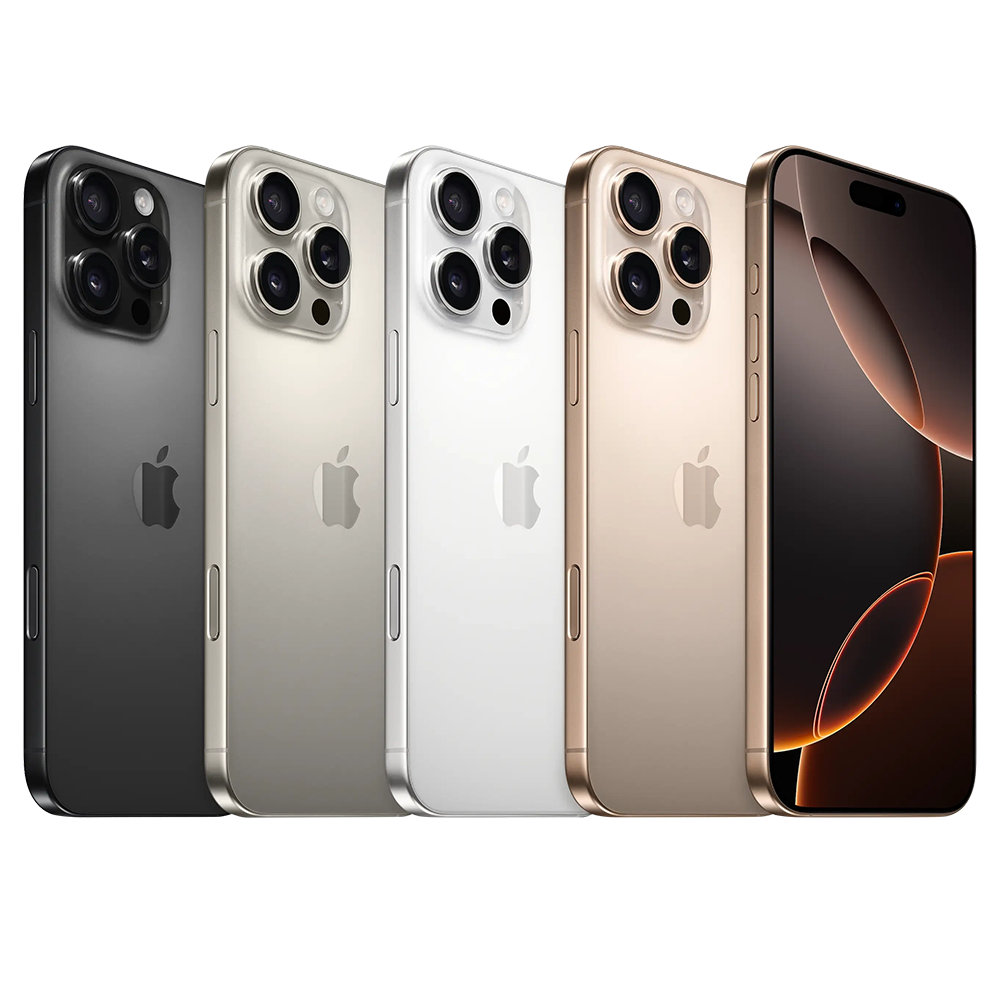 Apple iPhone 16 Pro official model reference, Black Titanium at far left alongside other finishes
