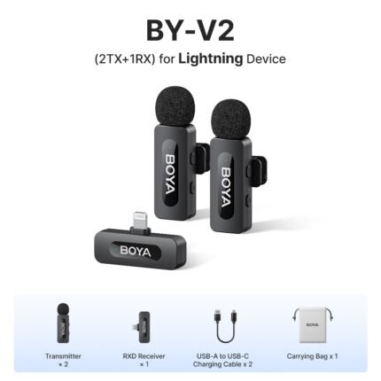 BOYA BY V2 Lightning wireless microphone kit front and accessories