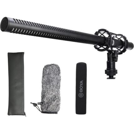 BOYA BY BM6060L shotgun microphone front and accessories