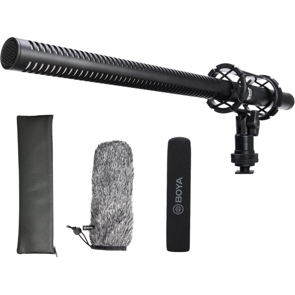 boya-82365 BOYA BY BM6060L shotgun microphone front and accessories