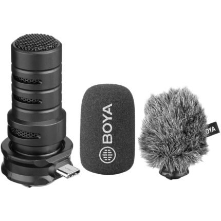 BOYA BY DM100 USB C microphone front and accessories