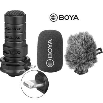 BOYA BY DM200 Lightning microphone front and accessories