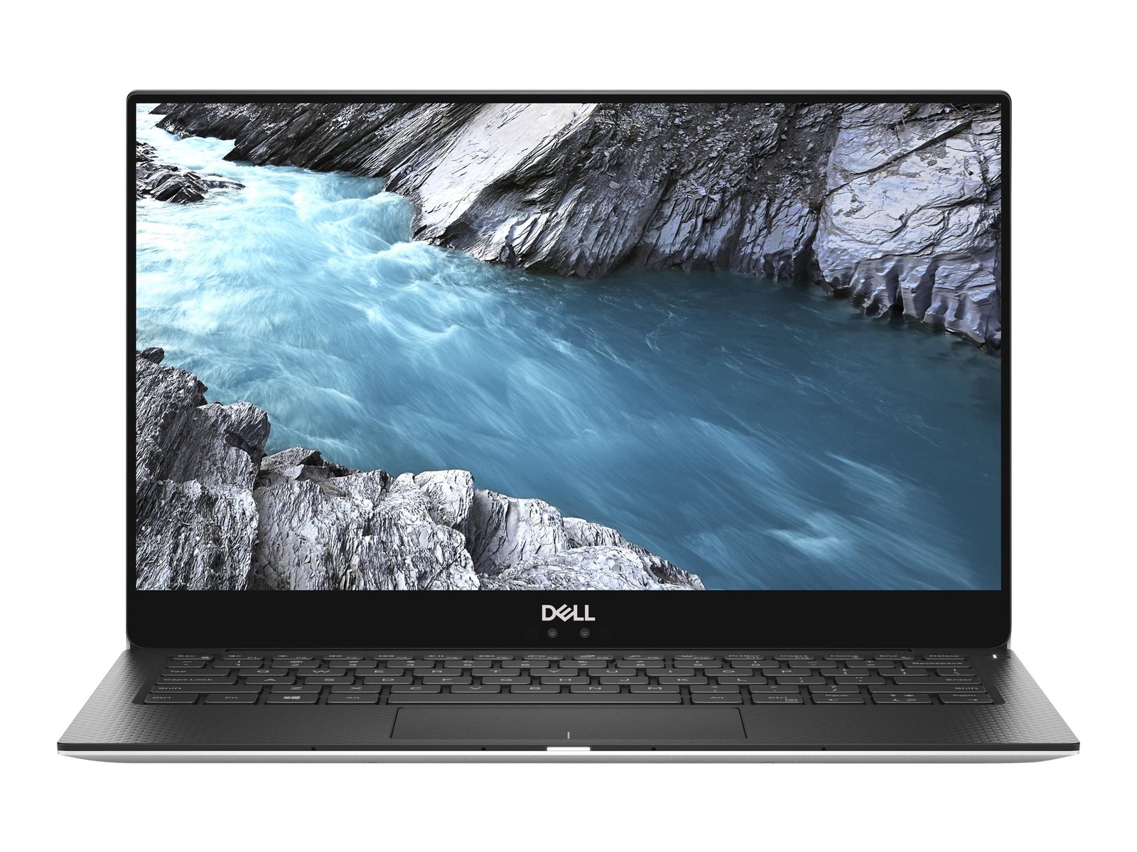 Dell XPS 13 9370 13-inch laptop official catalogue photo Dell XPS 13 9370 slim silver laptop front view with InfinityEdge display