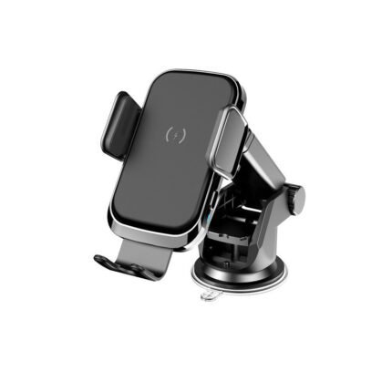Illustrative foldable wireless charging car phone holder with suction cup, exact supplier design and charging wattage not verified