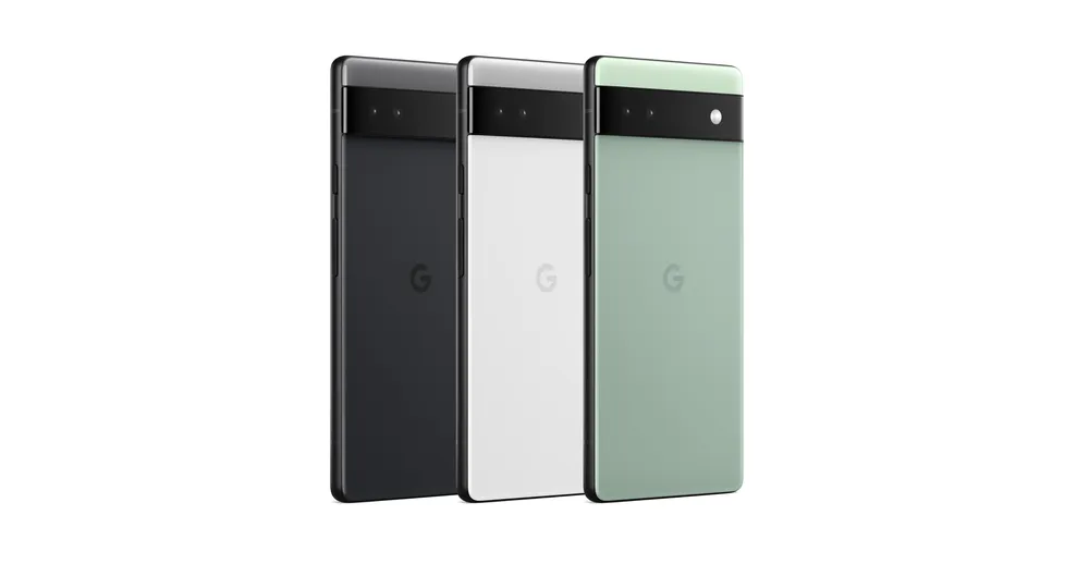 Google Pixel 6a rear views in Charcoal Chalk and Sage