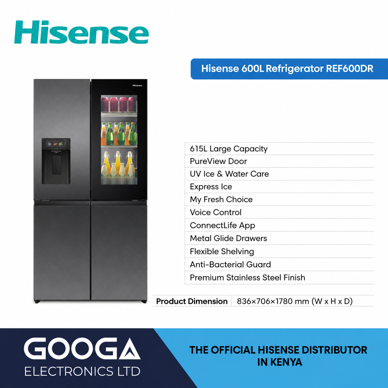 Hisense REF600DR Four-Door Refrigerator Hisense REF600DR 615L four-door PureView refrigerator