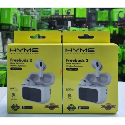 HYME Freebuds 2 HTW-T241 white wireless earbuds shown on yellow product packaging
