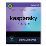 Kaspersky Plus digital licence product artwork, user count varies by package