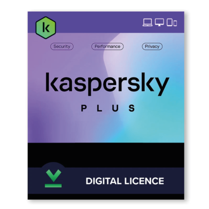 Kaspersky Plus digital licence product artwork, user count varies by package