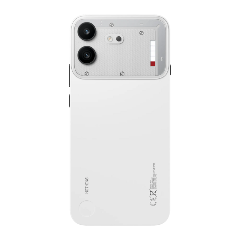 Nothing Phone (4b) in White with rear camera and Glyph Bar