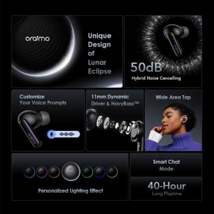 oraimo SpaceBuds OTW-630 official manufacturer image showing 50dB hybrid ANC, 11mm driver and 40-hour playtime features