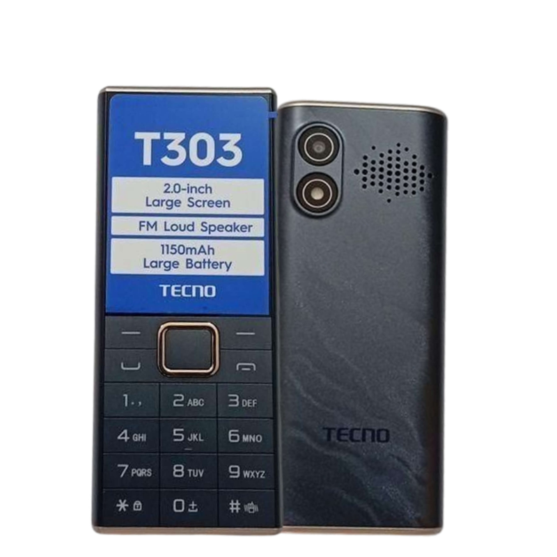 TECNO T303 black dual SIM feature phone front and rear view