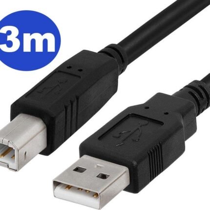 Three metre black USB-A to USB-B printer cable with male connectors