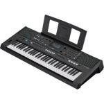 Yamaha PSR-E483 61-key electronic keyboard with music rest, full angled view