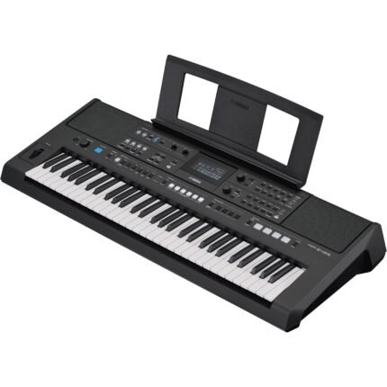 Yamaha PSR-E483 61-key electronic keyboard with music rest, full angled view