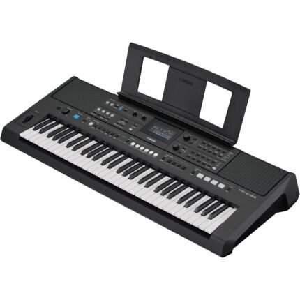 Yamaha PSR-E483 61-key electronic keyboard with music rest, full angled view